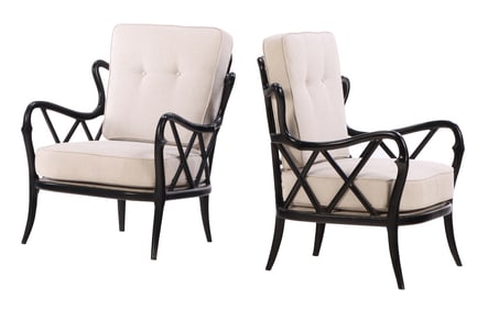PAIR EBONIZED WOOD ITALIAN ARM CHAIRS IN THE MANNER OF PAOLA BUFFA.