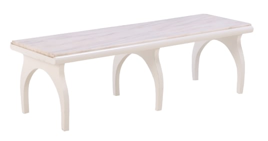 PAINTED WOOD AND MARBLE COFFEE TABLE OR BENCH HAVING SIX LEGS.