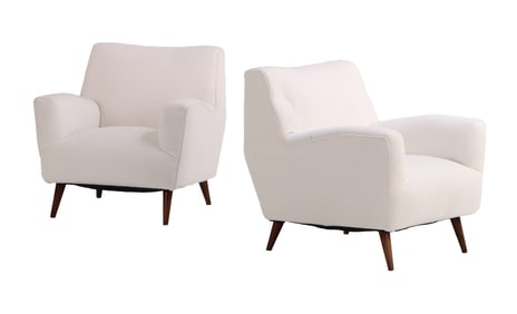 PAIR LOUNGE CHAIRS ON WOOD LEGS IN THE MANNER OF GIO PONTI C 1950 RECENTLY RECOVERED IN A BOUCLE