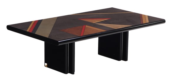 A MAURICE VILLENCY FOR G.C. ITALIA LACQUERED COFFEE TABLE WITH ABSTRACT GEOMETRIC TOP, LABELED