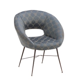 UPHOLSTERED ITALIAN BOUDOIR CHAIR HAVING BRASS LEGS AND PERIOD FABRIC C 1950.
