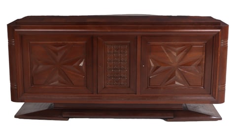 FRENCH OAK SIDEBOARD WITH PROMINENT GEOMETRIC MOTIFS FLOATING ON ITS BASE C 1940.