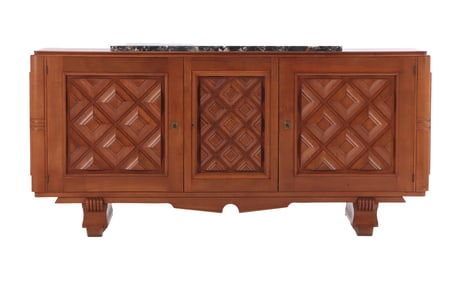 FRENCH THREE DOOR MAHOGANY SIDEBOARD WITH GEOMETRIC DESIGN, MARBLE TOP AND TWO INTERIOR
