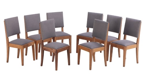EIGHT FRENCH OAK DINING CHAIRS WITH UPHOLSTERED SEATS AND BACKS C 1945.