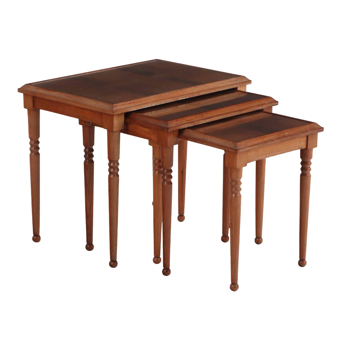 FRENCH MAHOGANY NESTING TABLES IN THE MANNER OF CHARLES DUDOUYT C 1940: French mahogany nesting tables in the manner of Charles Dudouyt C 1940 Mid Ht: 17" Wd: 17.5" Dpth: 14.25" Bot Ht: 16" Wd: 13.5" Dpth: 13.5 Top 18" Wd: 21.75" Dpth: 15"