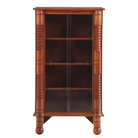 FRENCH MAHOGANY BOOKCASE HAVING TURNED AND GEOMETRIC ELEMENTS IN THE MANNER OF CHARLES