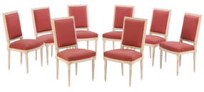 EIGHT PAINTED FRENCH LOUIS XVI STYLE UPHOLSTERED DINING ROOM CHAIRS C 1950.