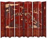 TEN PANEL PAINT DECORATED CHINESE SCREEN. CURRENTLY IN THREE SECTIONS.