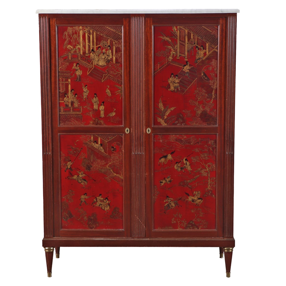 A FRENCH CHINOISERIE DECORATED TWO DOOR CABINET HAVING A MARBLE TOP BY JANSEN C 1950.