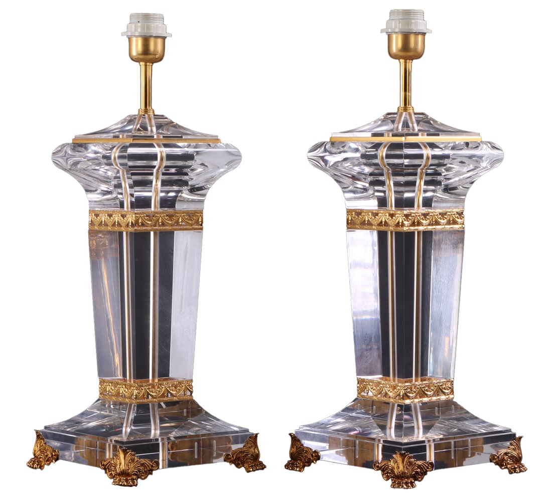 A PAIR OF LARGE ACRYLIC LAMPS WITH BRASS DECORATION IN THE NEOCLASSICAL TASTE. (1 of 7)