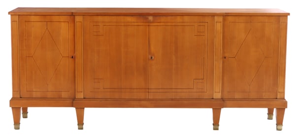 AN ANDRE ARBUS STYLE SYCAMORE FOUR DOOR SIDEBOARD HAVING NICE LINE INLAY DECORATION CIRA 1940.
