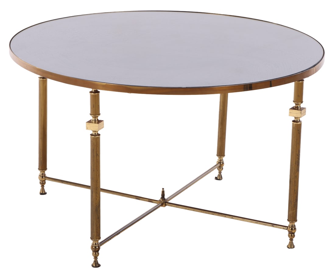 ROUND FRENCH BRASS NEO-CLASSICAL STYLE COFFEE TABLE HAVING A TINTED MIROR TOP C 1950. (1 of 5)