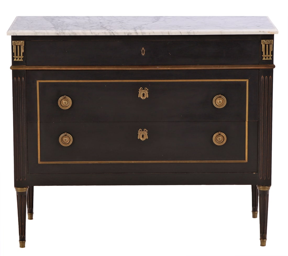 FRENCH EBONIZED MAHOGANY DIRECTOIRE STYLE DRESSER C 1940 HAVING A MARBLE TOP AND BRONZE MOUNTS. (1 of 7)
