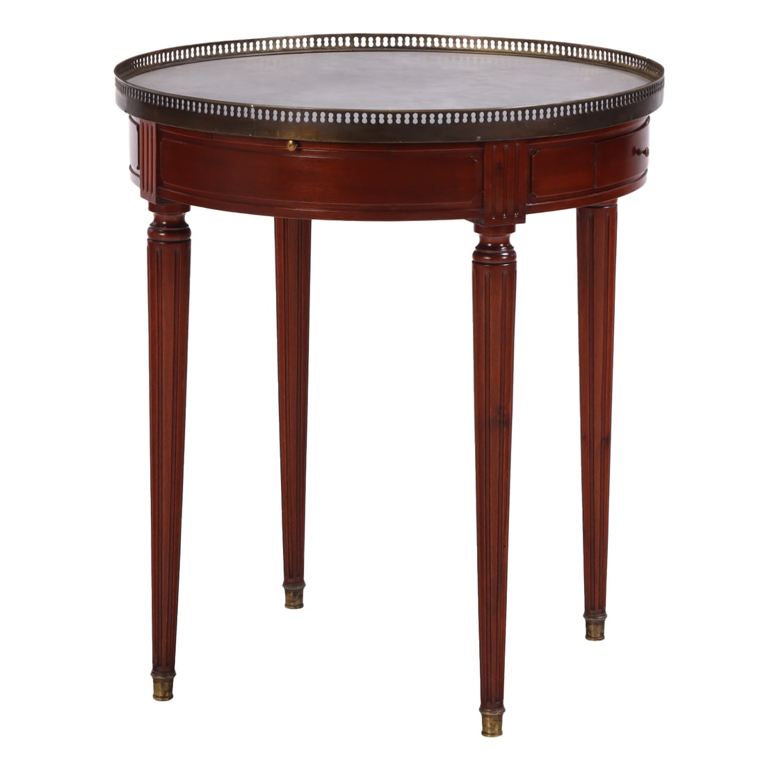A LOUIS XVI STYLE MAHOGANY OCCASIONAL TABLE HAVING A MARBLE TOP WITH BRASS GALLERY CIRCA 1930. (1 of 6)