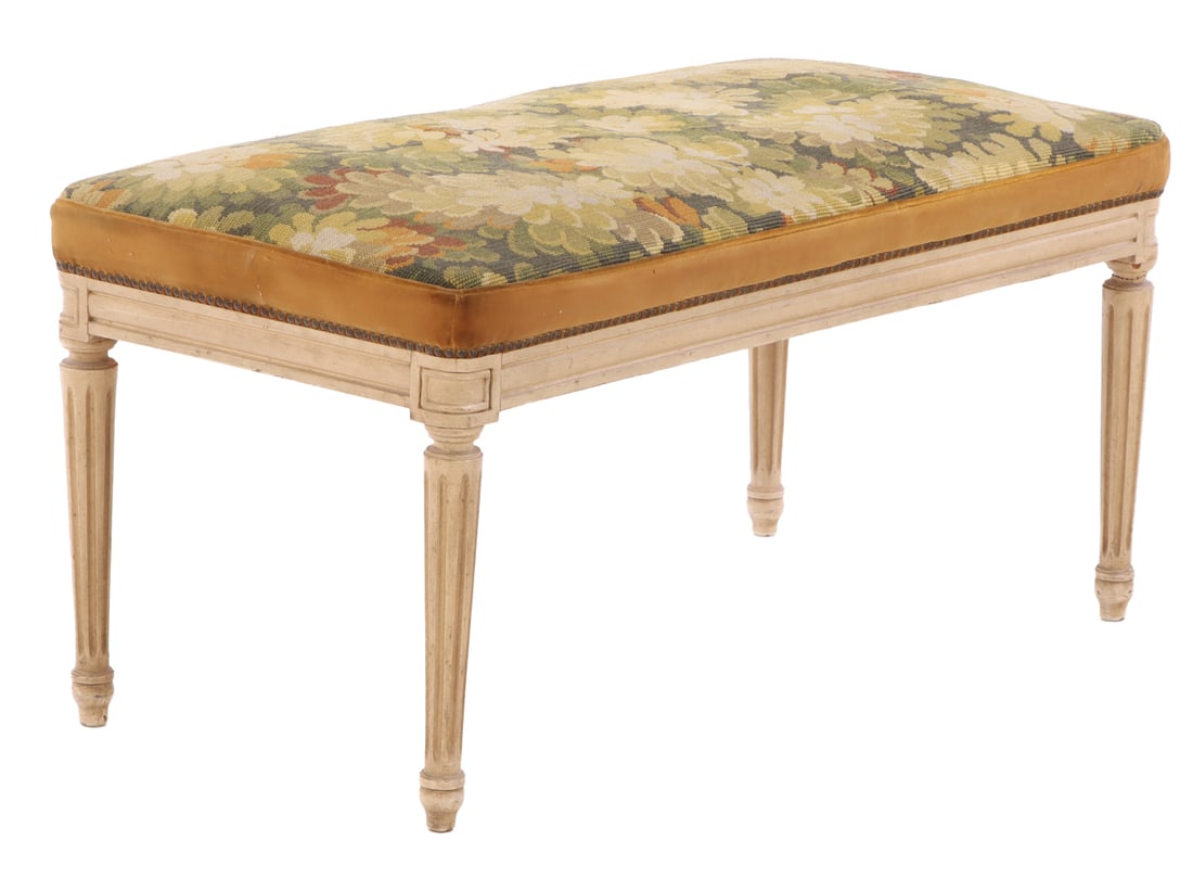 PAINTED LOUIS XVI STYLE BENCH HAVING NEEDLEPOINT UPHOLSTERED SEAT C 1940. (1 of 5)