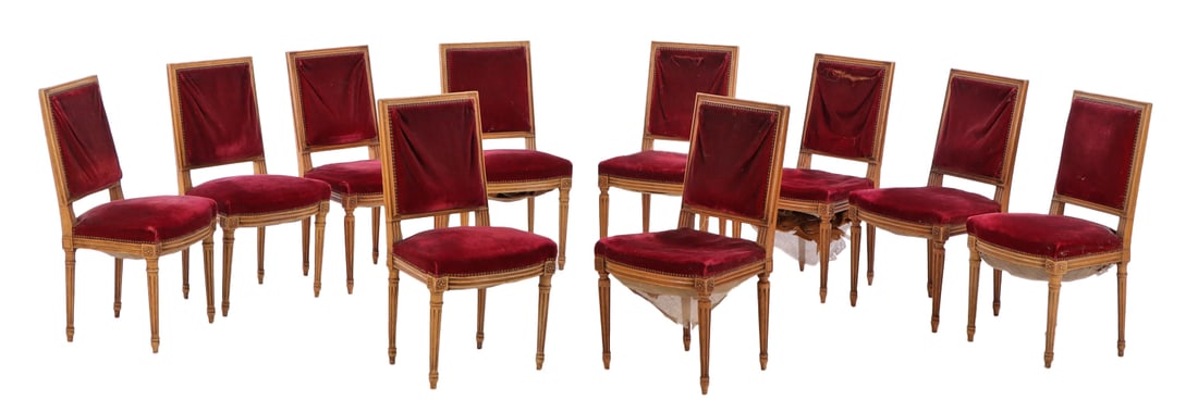 TEN FRENCH LOUIS XVI STYLE DINING CHAIRS IN NEED OF RESTORATION C 1940. (1 of 7)