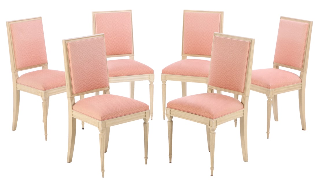 SIX PAINTED FRENCH LOUIS XVI STYLE SQUARE BACK DINING CHAIRS C 1950. (1 of 7)