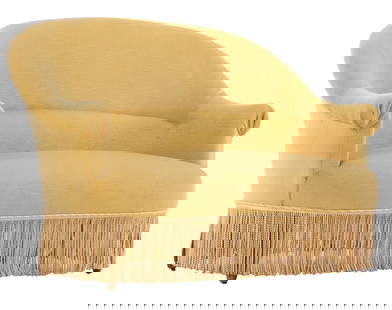A FRENCH NAPOLEON III STYLE SETTEE HAVING FRINGE DECORATION AND ROLLED ARMS C 1900.: A French Napoleon III style settee having fringe decoration and rolled arms C 1900. Ht: 32" Wd: 52" Dpth: 29.5" Seat: 15"