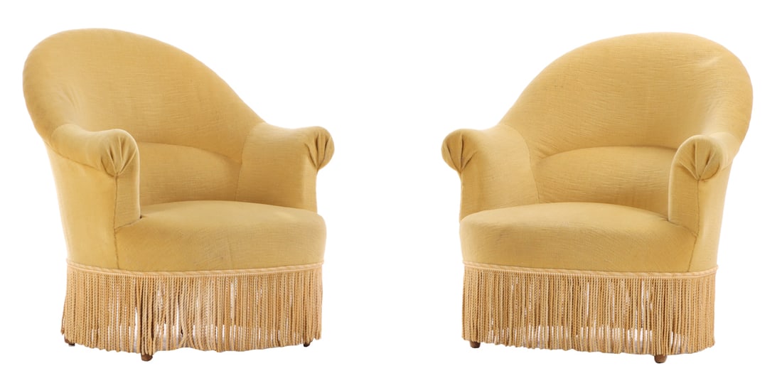 PAIR FRENCH NAPOLEON III STYLE LOUNGE CHAIRS WITH FRINGE DECORATION C 1900.: Pair French Napoleon III style lounge chairs with Fringe decoration C 1900. Ht: 32" Wd: 29" Dpth: 28" Seat: 13.75"