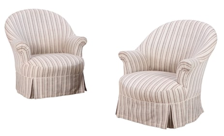 A PAIR OF FRENCH NAPOLEON III STYLE LIBRARY CHAIRS HAVING STRIPED UPHOLSTERY AND IRON LEGS C 1940.
