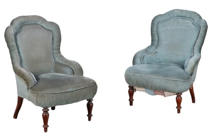 A PAIR OF FRENCH TURKISH STYLE NAPOLEON III CHAIRS LIBRARY CHAIRS HAVING TURNED WALNUT LEGS C 1860.