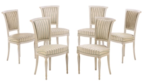 SIX PAINTED FRENCH DIRECTOIRE STYLE UPHOLSTERED BACK DINING CHAIRS C 1940.