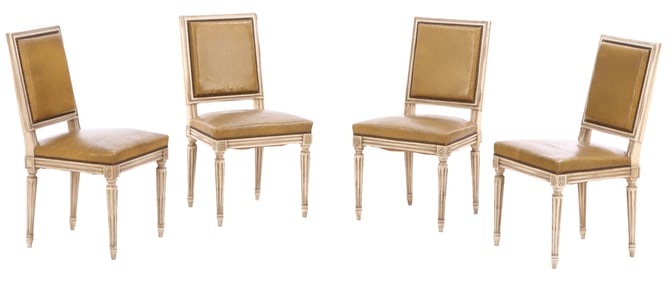 FOUR FRENCH PAINTED WOOD AND LEATHER SIDE CHAIRS IN THE LOUIS XVI STYLE C 1945.