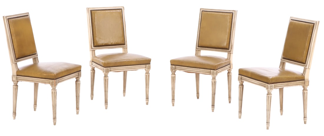 FOUR FRENCH PAINTED WOOD AND LEATHER SIDE CHAIRS IN THE LOUIS XVI STYLE C 1945. (1 of 7)