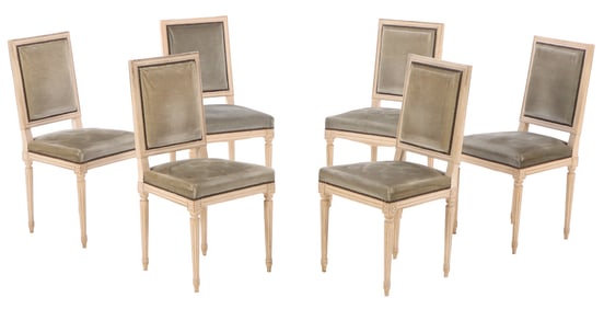 SIX FRENCH PAINTED WOOD AND UPHOLSTERED LOUIS XVI STYLE DINING ROOM CHAIRS C 1950.