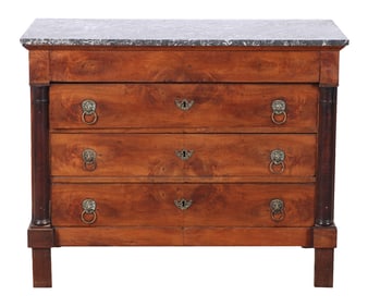 NINETEENTH CENTURY FRENCH EMPIRE MARBLE TOP COMMODE HAVING HALF ROUND PILASTERS, CROTCH