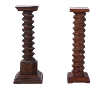 A NEAT PAIR OF CARVED WALNUT COLUMNAR SCREW FORM PEDESTALS CIRCA 1860.