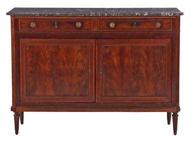 FRENCH MAHOGANY AND CROTCH MAHOGANY LOUIS XV STYLE MARBLE TOP TWO DOOR SERVER HAVING TWO DRAWERS C