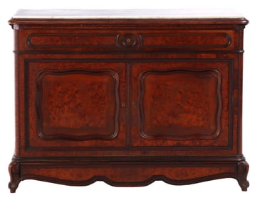 A PLUM PUDDING MAHOGANY MARBLE TOP DRESSER C 1880 HAVING A DRAWER OVER TWO DOORS OVER A SECRET