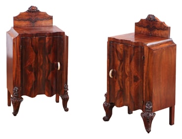 A PAIR OF BURLED WALNUT NIGHT STANDS HAVING SHAPED DOORS AND REMOVEABLE BACKSPLASH C 1925.