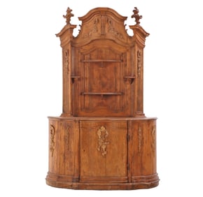 EIGHTEENTH CENTURY TWO PART PINE CUPBOARD HAVING AN OPEN TOP RESTING ON A BASE WITH A SINGLE DOOR.