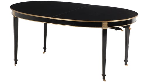 EBONIZED MAHOGANY LOUIS XIV STYLE BRONZE MOUNTED MAHOGANY DINING TABLE C 1945 HAVING THREE LARGE