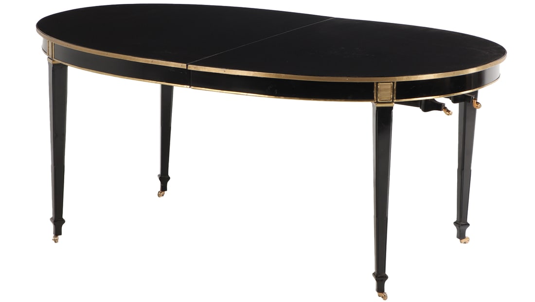 EBONIZED MAHOGANY LOUIS XIV STYLE BRONZE MOUNTED MAHOGANY DINING TABLE C 1945 HAVING THREE LARGE (1 of 7)