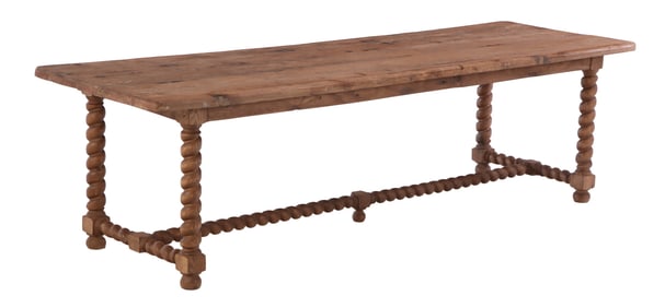 LARGE CONTINENTAL OAK FARM TABLE HAVING TWISTED LEGS.