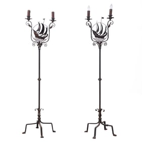 A RARE PAIR OF ARTS AND CRAFTS GALLEON SHIP FORM WROUGHT IRON FLOOR LAMPS CIRCA 1910.