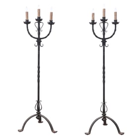 A PAIR OF ANTIQUE SAMUEL YELLIN STYLE FLOOR LAMPS EACH HAVING THREE LIGHT SOCKETS CIRCA 1910.