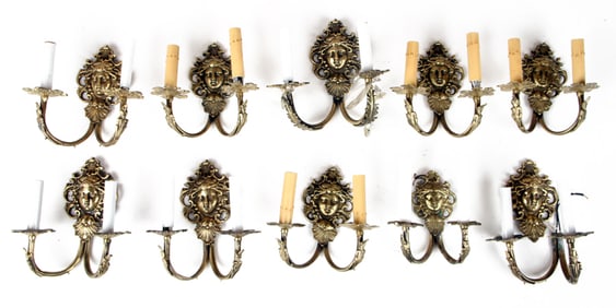 TEN BRASS TWO ARM WALL SCONCES HAVING LOVELY VENUS MASKS.