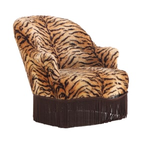 NINETEENTH CENTURY FRENCH LOUNGE CHAIR COVERED IN FAUX TIGER FABRIC,