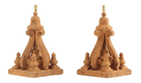 PAIR ARCHITECTURAL PINE FINIALS C 1880 CONVERTED INTO TABLE LAMPS.