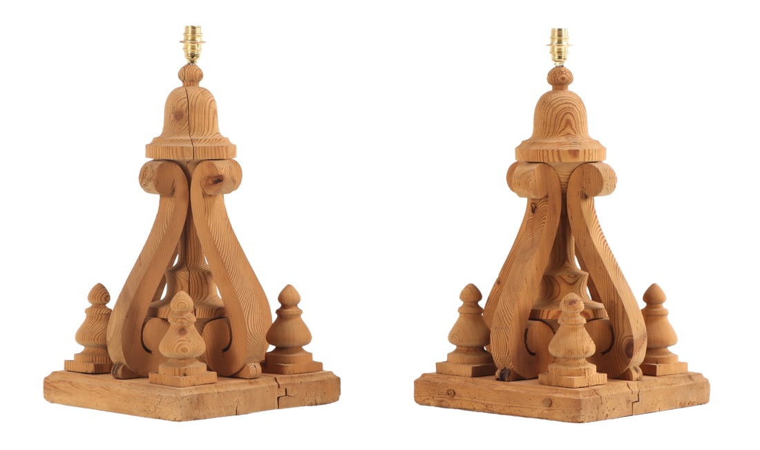 PAIR ARCHITECTURAL PINE FINIALS C 1880 CONVERTED INTO TABLE LAMPS. (1 of 6)