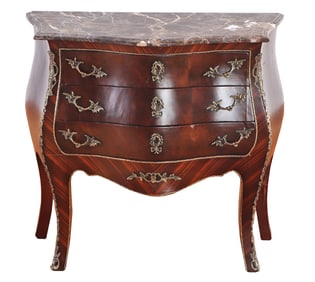 LOUIS XV STYLE BRONZE MOUNTED AND INLAID MARBLE TOP COMMODE.