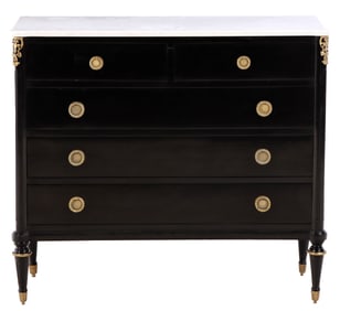 AN EBONIZED FRENCH COMMODE HAVING A MARBLE TOP AND BRONZE TRIM IN THE STYLE OF JANSEN CIRCA 1940.