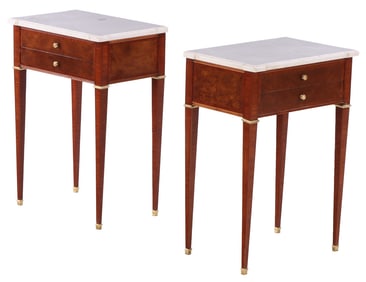 A PAIR OF DIRECTOIRE STYLE MAHOGANY NIGHT STANDS HAVING MARBLE TOPS AND BURL WOOD PANELS CIRCA