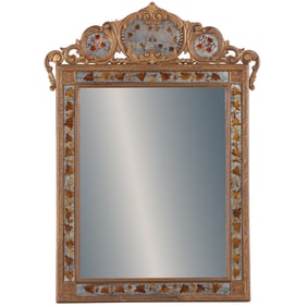 LARGE EGLOMISE DECORATED MIRROR C 1960 BY JANSEN.