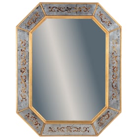A JANSEN STYLE OCTAGANOL SHAPED MIRROR HAVING GILT DECORATED EGLOMISE BORDER C 1950