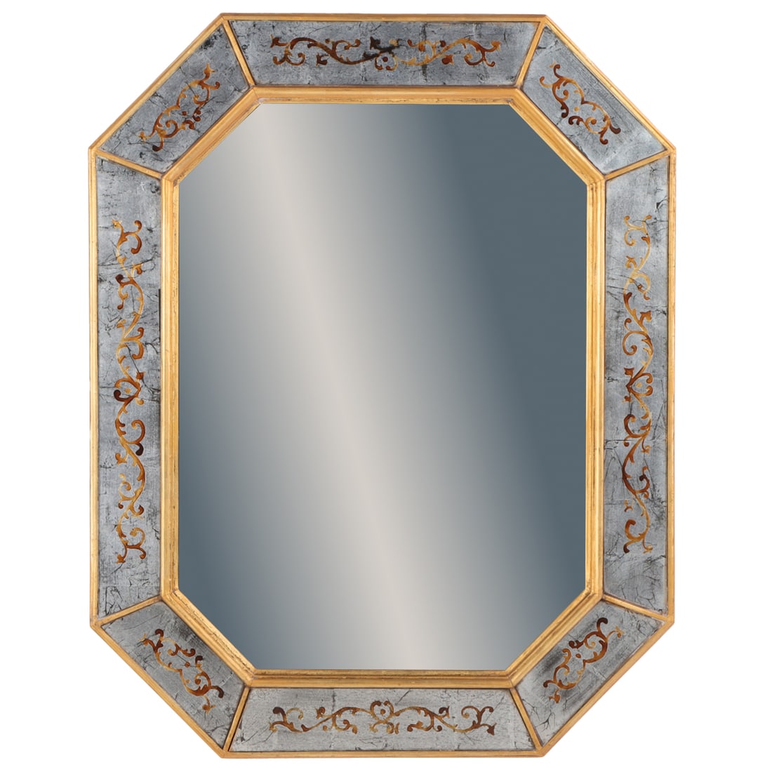 A JANSEN STYLE OCTAGANOL SHAPED MIRROR HAVING GILT DECORATED EGLOMISE BORDER C 1950 (1 of 8)